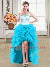 Flare Four Piece Straps Beading and Ruffles Sweet 16 Quinceanera Dress Baby Blue Lace Up Sleeveless Floor Length