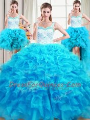 Flare Four Piece Straps Beading and Ruffles Sweet 16 Quinceanera Dress Baby Blue Lace Up Sleeveless Floor Length