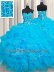 Hot Sale Floor Length Baby Blue Quinceanera Gown Organza Sleeveless Beading and Ruffles