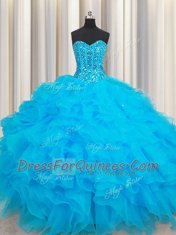 Hot Sale Floor Length Baby Blue Quinceanera Gown Organza Sleeveless Beading and Ruffles
