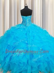 Hot Sale Floor Length Baby Blue Quinceanera Gown Organza Sleeveless Beading and Ruffles