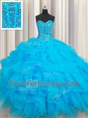Hot Sale Floor Length Baby Blue Quinceanera Gown Organza Sleeveless Beading and Ruffles