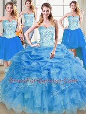 Four Piece Blue Lace Up Quinceanera Gown Beading and Ruffles and Pick Ups Sleeveless Floor Length