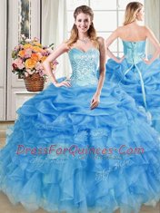 Four Piece Blue Lace Up Quinceanera Gown Beading and Ruffles and Pick Ups Sleeveless Floor Length
