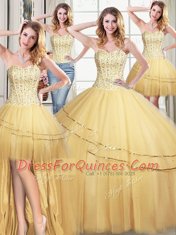 New Arrival Four Piece Sweetheart Sleeveless Quinceanera Gowns Floor Length Beading and Sequins Gold Tulle
