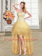 New Arrival Four Piece Sweetheart Sleeveless Quinceanera Gowns Floor Length Beading and Sequins Gold Tulle