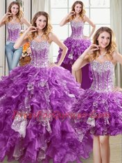 Latest Four Piece Sequins Purple Sleeveless Organza Lace Up Sweet 16 Quinceanera Dress for Military Ball and Sweet 16 and Quinceanera