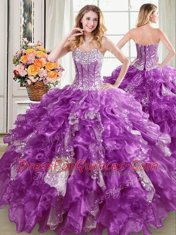 Latest Four Piece Sequins Purple Sleeveless Organza Lace Up Sweet 16 Quinceanera Dress for Military Ball and Sweet 16 and Quinceanera