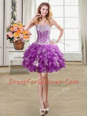 Latest Four Piece Sequins Purple Sleeveless Organza Lace Up Sweet 16 Quinceanera Dress for Military Ball and Sweet 16 and Quinceanera