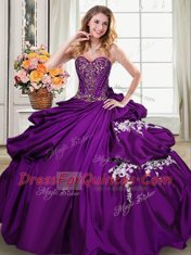 Colorful Floor Length Purple Ball Gown Prom Dress Taffeta Sleeveless Beading and Appliques and Pick Ups