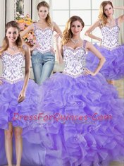 Hot Selling Four Piece Lavender Straps Neckline Beading and Lace and Ruffles Sweet 16 Quinceanera Dress Sleeveless Lace Up