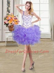 Hot Selling Four Piece Lavender Straps Neckline Beading and Lace and Ruffles Sweet 16 Quinceanera Dress Sleeveless Lace Up