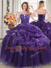 Comfortable Four Piece Purple Ball Gowns Beading and Appliques and Pick Ups Sweet 16 Dresses Lace Up Organza Sleeveless Floor Length