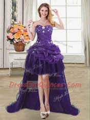 Comfortable Four Piece Purple Ball Gowns Beading and Appliques and Pick Ups Sweet 16 Dresses Lace Up Organza Sleeveless Floor Length