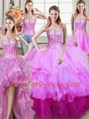 Adorable Four Piece Multi-color Ball Gowns Ruffles and Sequins Quince Ball Gowns Lace Up Organza Sleeveless Floor Length