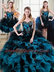 Enchanting Four Piece Sweetheart Sleeveless Organza and Tulle Ball Gown Prom Dress Beading and Ruffles and Hand Made Flower Lace Up