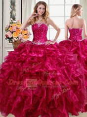 Four Piece Fuchsia Lace Up 15th Birthday Dress Beading and Ruffles Sleeveless Floor Length