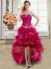 Four Piece Fuchsia Lace Up 15th Birthday Dress Beading and Ruffles Sleeveless Floor Length