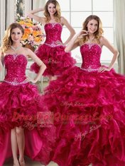 Four Piece Fuchsia Lace Up 15th Birthday Dress Beading and Ruffles Sleeveless Floor Length
