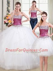 Three Piece White Ball Gowns Sweetheart Sleeveless Tulle Floor Length Lace Up Beading 15 Quinceanera Dress