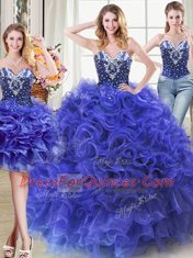 Glamorous Three Piece Royal Blue Organza Lace Up 15th Birthday Dress Sleeveless Floor Length Beading and Ruffles