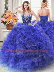 Glamorous Three Piece Royal Blue Organza Lace Up 15th Birthday Dress Sleeveless Floor Length Beading and Ruffles