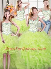 Romantic Four Piece Straps Organza Sleeveless Floor Length 15 Quinceanera Dress and Beading and Lace and Ruffles