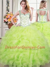 Romantic Four Piece Straps Organza Sleeveless Floor Length 15 Quinceanera Dress and Beading and Lace and Ruffles