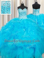 Dynamic Baby Blue Sleeveless Organza Lace Up 15th Birthday Dress for Military Ball and Sweet 16 and Quinceanera