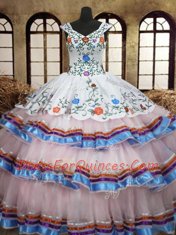 Latest White Lace Up Straps Embroidery and Ruffled Layers Ball Gown Prom Dress Organza and Taffeta Sleeveless