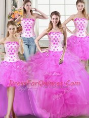 Four Piece Fuchsia Tulle Lace Up Strapless Sleeveless Floor Length Quinceanera Dresses Beading and Appliques and Ruffles