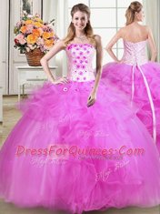 Four Piece Fuchsia Tulle Lace Up Strapless Sleeveless Floor Length Quinceanera Dresses Beading and Appliques and Ruffles
