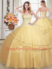 Gold Tulle Lace Up Sweetheart Sleeveless Floor Length Quinceanera Dresses Beading and Sequins