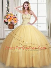 Gold Tulle Lace Up Sweetheart Sleeveless Floor Length Quinceanera Dresses Beading and Sequins