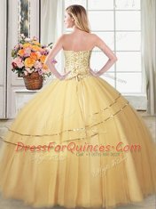 Gold Tulle Lace Up Sweetheart Sleeveless Floor Length Quinceanera Dresses Beading and Sequins