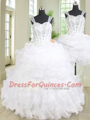 Dramatic Three Piece Straps Sleeveless Sweet 16 Dresses Floor Length Beading and Ruffles White Organza