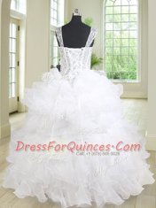 Dramatic Three Piece Straps Sleeveless Sweet 16 Dresses Floor Length Beading and Ruffles White Organza