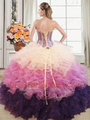 Artistic Sweetheart Sleeveless Ball Gown Prom Dress Floor Length Beading and Ruffles Multi-color Organza