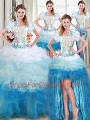 Top Selling Four Piece Sweetheart Sleeveless Quinceanera Gowns Floor Length Beading and Appliques and Ruffles Multi-color Organza