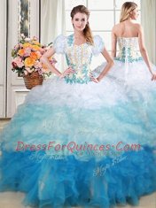 Top Selling Four Piece Sweetheart Sleeveless Quinceanera Gowns Floor Length Beading and Appliques and Ruffles Multi-color Organza