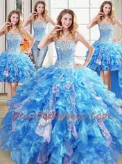Chic Four Piece Sweetheart Sleeveless Organza Quince Ball Gowns Beading and Ruffles and Sequins Lace Up