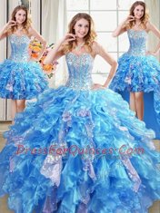 Chic Four Piece Sweetheart Sleeveless Organza Quince Ball Gowns Beading and Ruffles and Sequins Lace Up