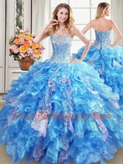 Chic Four Piece Sweetheart Sleeveless Organza Quince Ball Gowns Beading and Ruffles and Sequins Lace Up