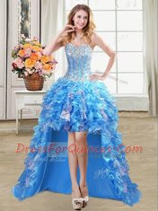 Chic Four Piece Sweetheart Sleeveless Organza Quince Ball Gowns Beading and Ruffles and Sequins Lace Up