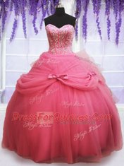 Customized Three Piece Sleeveless Tulle Floor Length Lace Up Quinceanera Dresses in Rose Pink with Beading and Bowknot