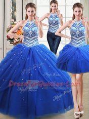 Three Piece Halter Top Floor Length Royal Blue Sweet 16 Dress Tulle Sleeveless Beading and Pick Ups