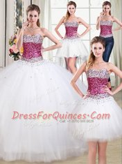 Cute Four Piece White Lace Up Sweetheart Beading Quinceanera Gowns Tulle Sleeveless