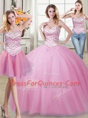 Three Piece Beading Quinceanera Dress Rose Pink Lace Up Sleeveless Floor Length