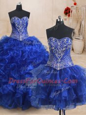 Classical Three Piece Sleeveless Brush Train Lace Up With Train Beading and Ruffles Sweet 16 Dresses