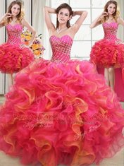 Exceptional Four Piece Ball Gowns Vestidos de Quinceanera Multi-color Sweetheart Organza Sleeveless Floor Length Lace Up